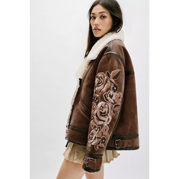 Free People Andies Vegan Moto Jacket Embroidered Floral Brown Bear Small NWT - Picture 11 of 14